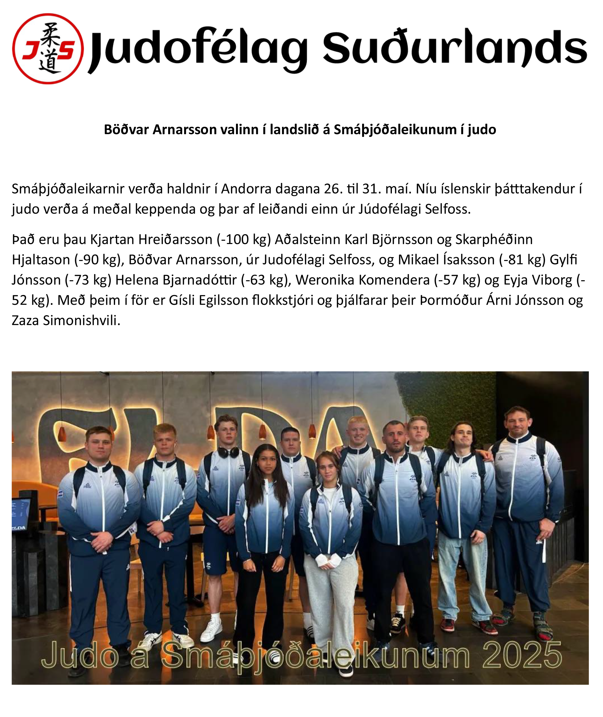 Böðvar Arnarsson valinn í landslið á Smáþjóðaleikunum í judo